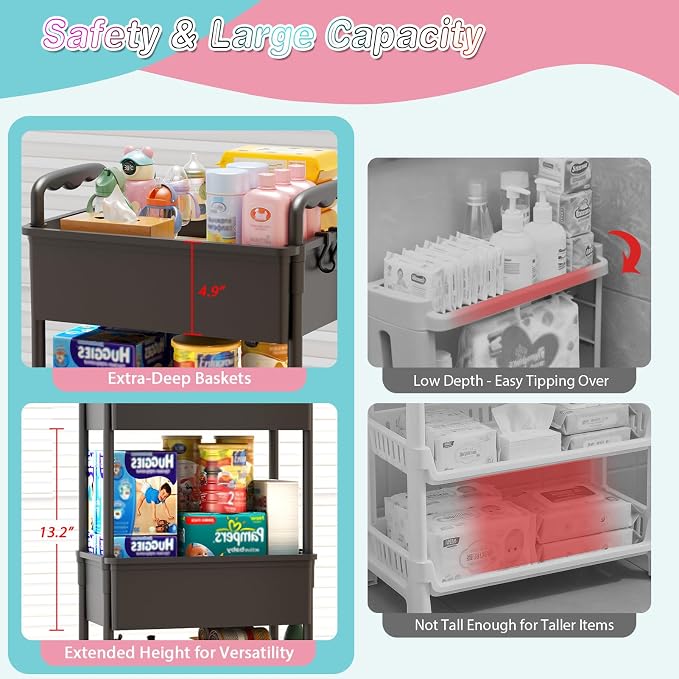 SUNALLY Baby Diaper Caddy Cart, 3 Tier Rolling Diaper Cart with Lockable Wheels for Nursery Essentials, Large Capacity & Easy Assemble Diaper Storage Organizer for Newborn,New Mom, Black