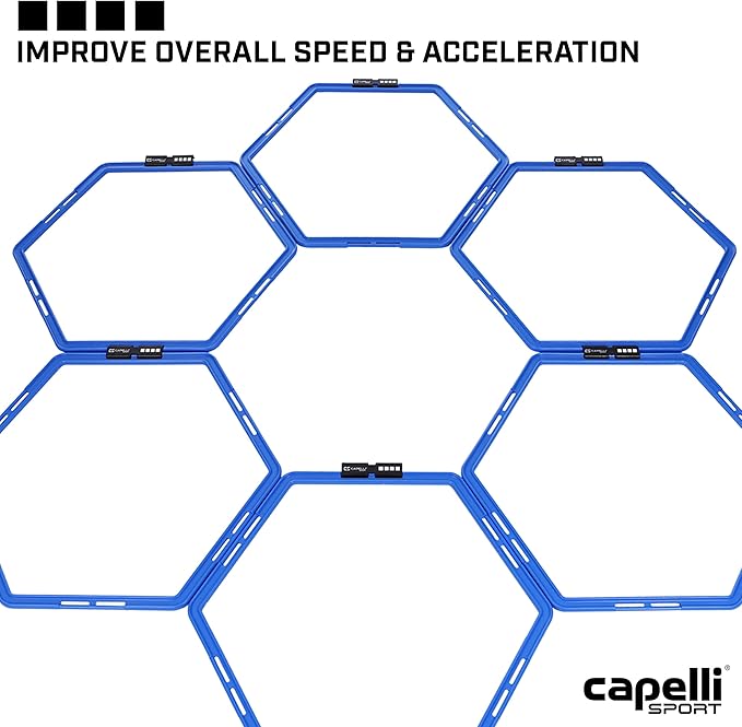 Capelli Sport Hexagonal Speed Rings, Interlocking Hex Agility Ladder Rings with Carry Bag, Blue, Set of 6