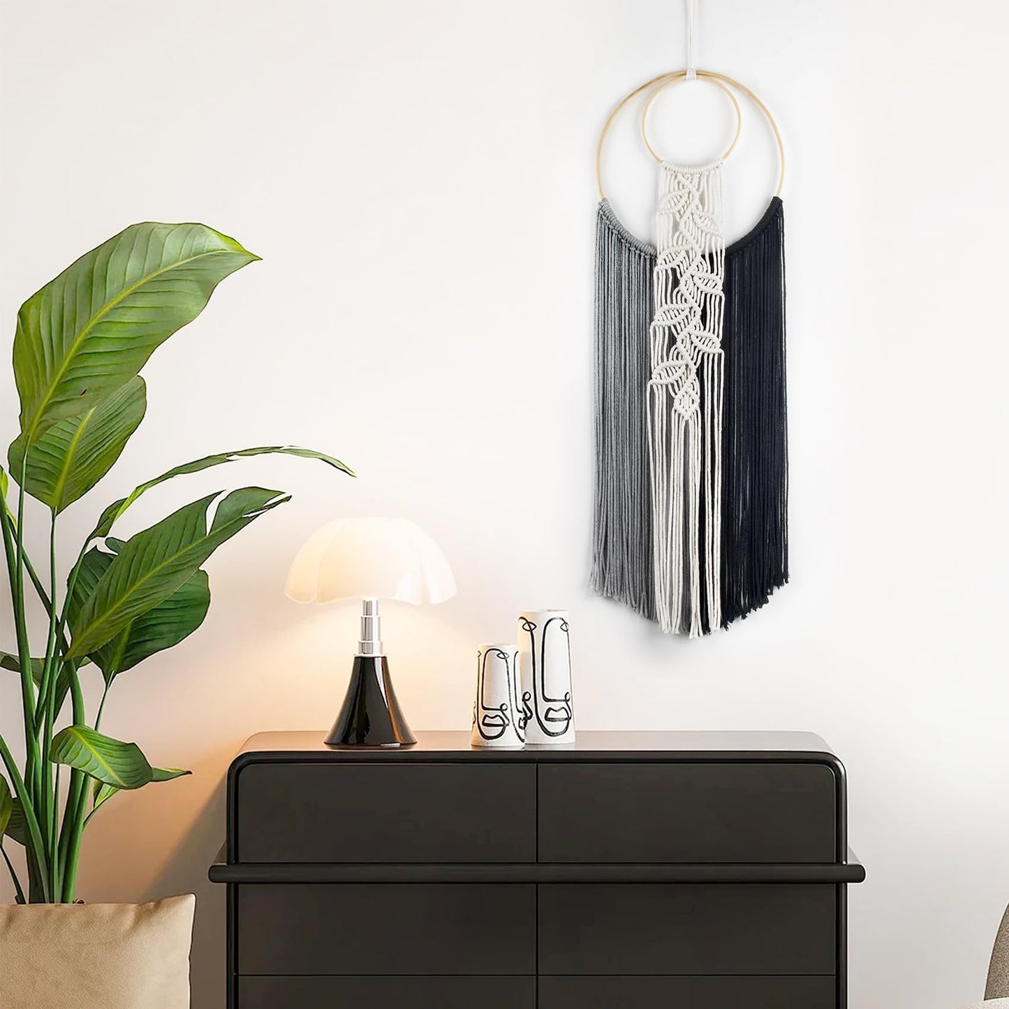 LB Boho Black White Grey Macrame Wall Hanging Hand Woven Leaf Pattern Tapestry Wall Art with Wood beads Modern Aesthetic Tassel Wall Decor for Home, Bedroom, Living Room