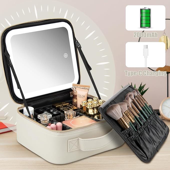 Extrei Gent Makeup Travel Train Case with Mirror LED Light 3 Adjustable Brightness Large Cosmetic Bag Portable Storage Adjustable Partition Waterproof Make up Brushes Makeup Jewelry Gift for Women