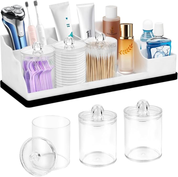 Bathroom Counter Organizer, White Silicone Toothbrush Holders for Bathrooms Organizer Countertop with 3PCS Qtip Holder, Toothbrush and Toothpaste Holder for Bathroom Organization Storage Vanity