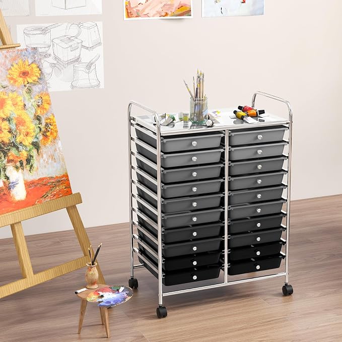 COSTWAY 20-Drawer Rolling Storage Cart, Utility Storage Organizer Cart for Tools, Scrapbook, Paper, Craft, Multipurpose Storage Trolley on Wheels for Home Office School, Mixed Black