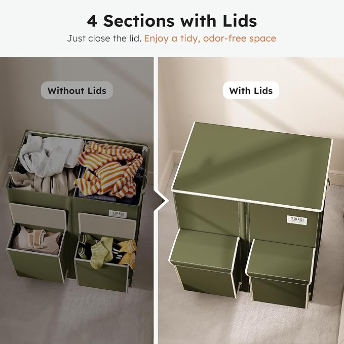 SOLEDI Double Laundry Hamper with Lid, 47.8 Gal (180L) Large Laundr Basket 2 Section with 2 Side Pockets, Dirty Clothes Hamper with Removable Bag, Easy to Carry for Laundry Room, Bedroom, Avocado