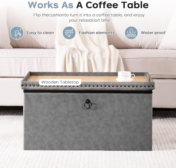 oakvivo 30 Inches Folding Storage Ottoman Bench, Leather End of Bed Foot Rest Stools with Button Tufted Rivet Design, Ottoman with Padded Seat for Bedroom, Living Room, Entryway, 330 lb, Grey