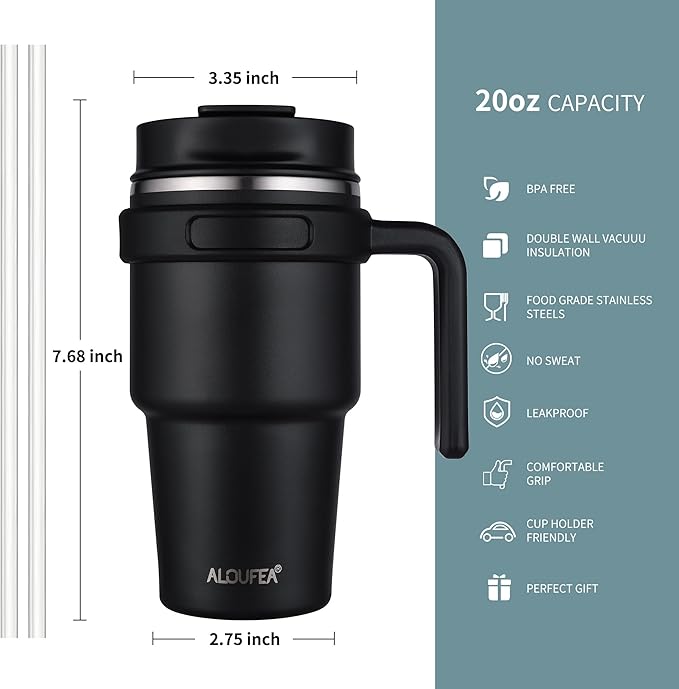 20 oz Insulated Coffee Mug Tumbler with Handle, Stainless Steel Travel Mug Tumbler with Lid and Straw,Double Wall Vacuum Leak Proof Ice Coffee Thermal Cup,Sage
