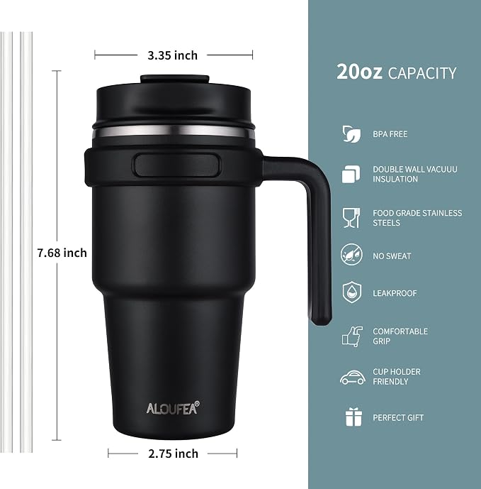 20 oz Insulated Coffee Mug Tumbler with Handle, Stainless Steel Travel Mug Tumbler with Lid and Straw, Double Wall Vacuum Leak Proof Ice Coffee Thermal Cup, Lavender Glitter