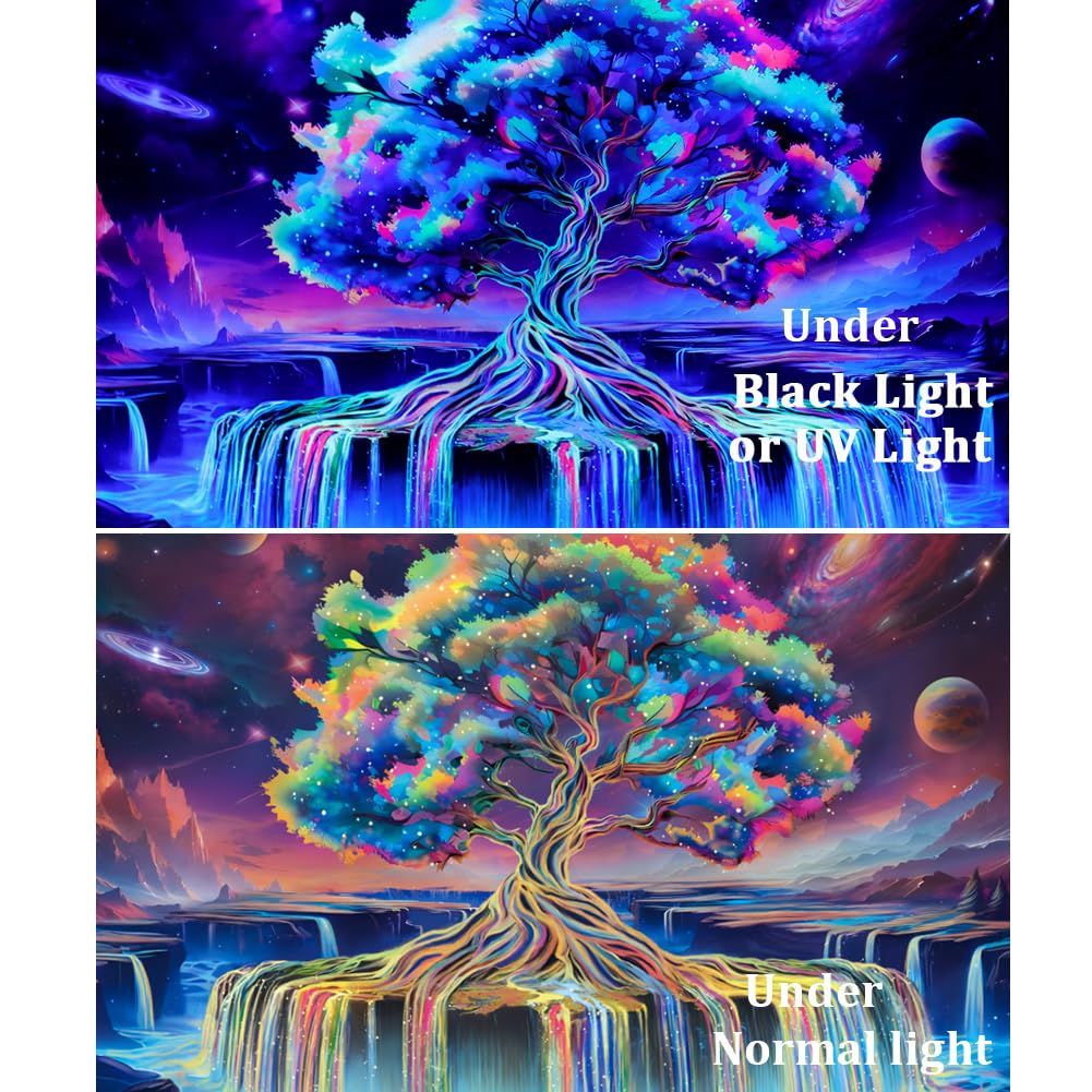 Obsecolors Blacklight Tree of Life Tapestry UV Reactive Waterfall Tapestry Galaxy Space Aesthetic Tree Wall Tapestries Colorful Starry Sky Tapestries Wall Hanging for Bedroom