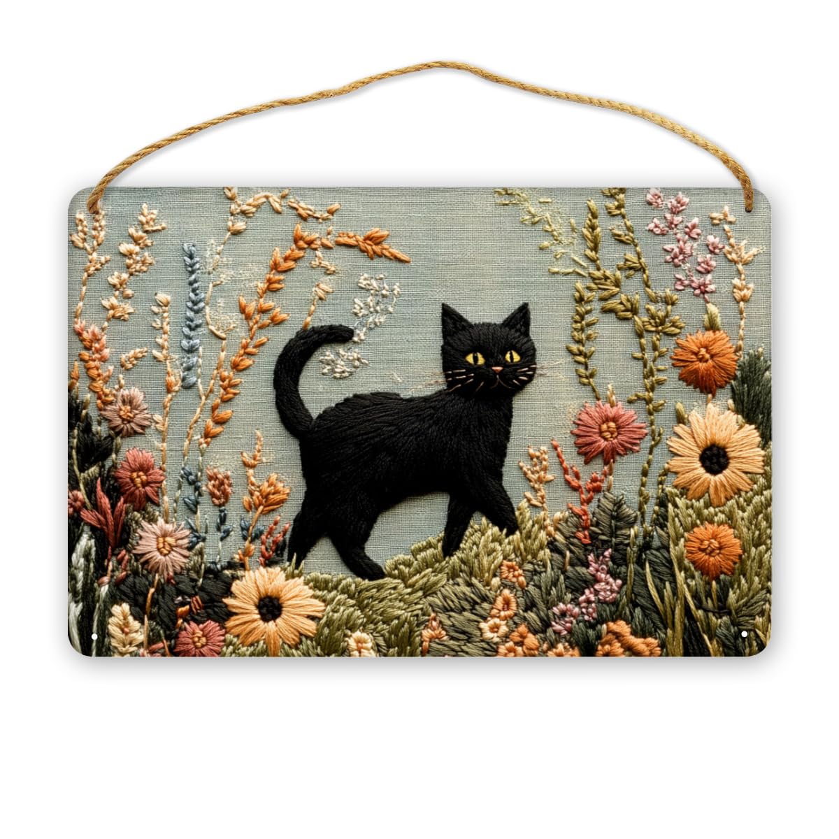 CDSASHCA Embroidered Black Cat In Flowers Wooden Sign 12x8 Inch, Charming Pet Wood Wall Art for Living Room, Rustic Farmhouse Wall Decors, Ideal for Cat Lovers & Nature Enthusiasts