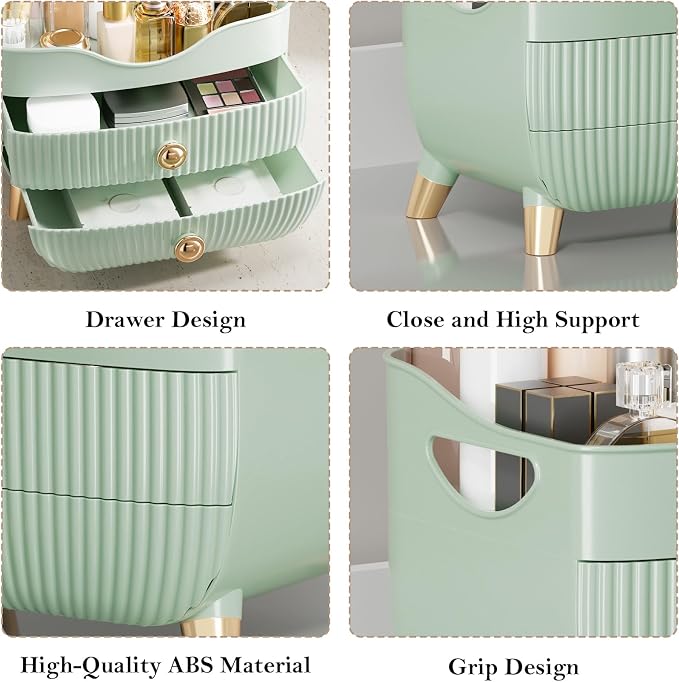 Makeup Organizer for Vanity, Large Capacity Skincare Cosmetic Organizer Countertop with 2 Drawers, Cosmetic Display Cases Makeup Storage Box for Bedroom, Bathroom, Ideal Gifts for Women(Green)
