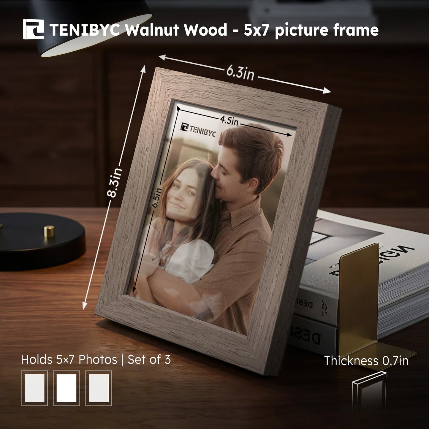 TENIBYC 5x7 Picture Frame 3 Pack with HD Glass - Brown Walnut, Natural Wood Photo Frame, Table Decoration