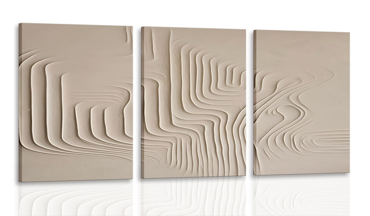 3Pcs Framed Beige Cream Abstract Textured Line Art Curved Canvas Wall Art Prints Posters Pictures Paintings Wall Decor for Minimalist Boho Living Room Bedroom Office Decoration