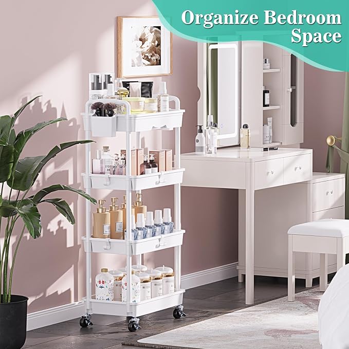 SUNALLY 4 Tier Rolling Utility Cart with Drawer, Storage Organizer Cart with 2 Lockable Wheels, Multifunctional Rolling Storage Cart for Bathroom, Kitchen, Craft, Makeup, Baby Essentials, White