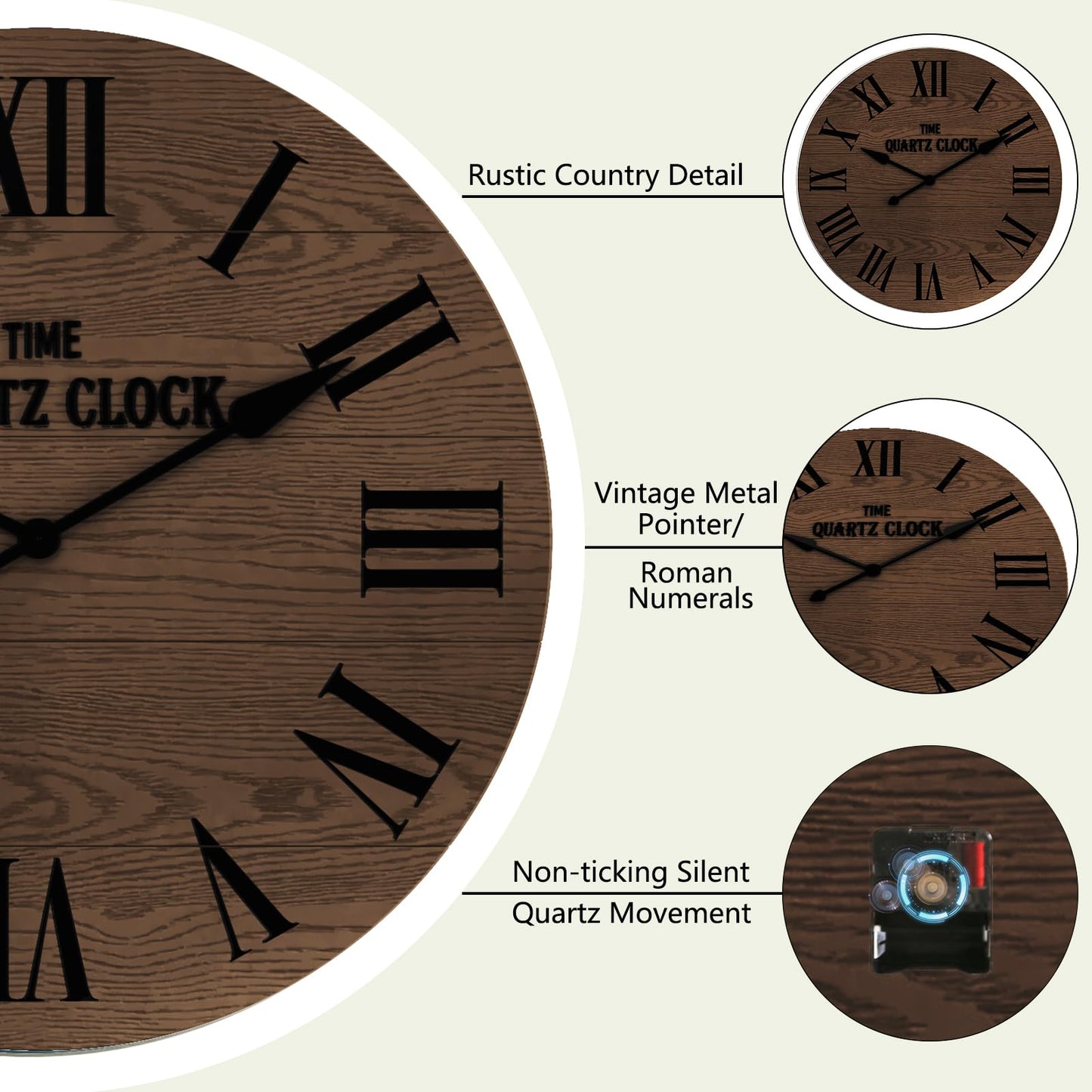 ARTPOWER Large Farmhouse Wall Clock, 35.5” Shiplap Wall Clock with Roman Numeral, Nearly Non-Ticking, Round Wall Clocks for Living Room Decor, Office, Bedroom, Entrance, Brown