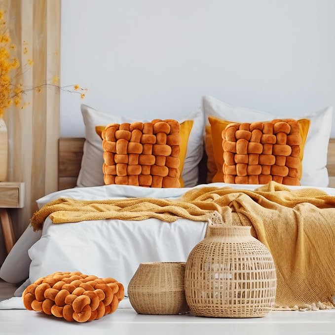 Wenqik 2 Pcs Knot Pillows Square Knotted Plush Throws Soft Accent Pillows Decoration Cushion for Couch Home Office Living Room Bedroom Bed Sofa Decor, 12'' x 13''(Caramel,Crystal Velvet)