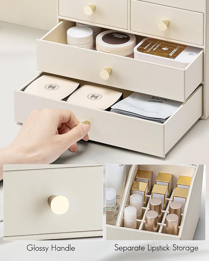 VLANDO Makeup Organzier,Vanity Organizer with Drawers, PU Leather Skincare Organizer Perfume Organizer,Large Cosmetic Display Case for Lipstick,Brushes Gifts for Women, Beige, 4 Layer