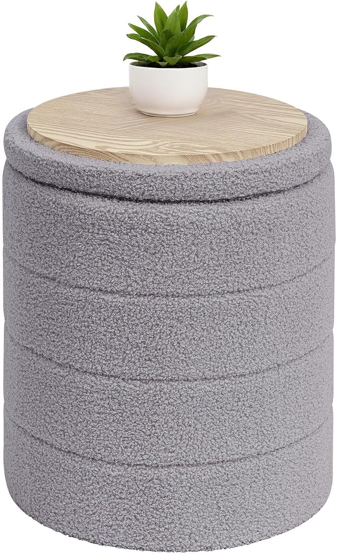 B FSOBEIIALEO Ottoman with Stroage, Round Sherpa Storage Ottoman Stool, Boucle Foot Rest 14.6"x14.6"x17.7"（Grey