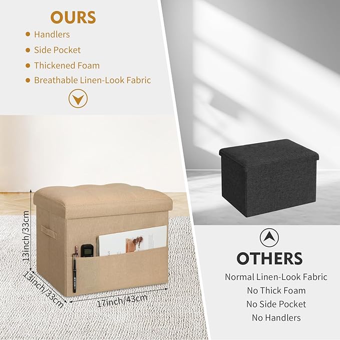 BelugaHelper Ottoman with Storage, Small Storage Ottoman Foot Rest with Thicker Foam Padded Seat. Foldable Linen Cloth Foot Stool for Living Room Bedroom, Holds Up to 300 lbs, 17x13x13IN(Beige)