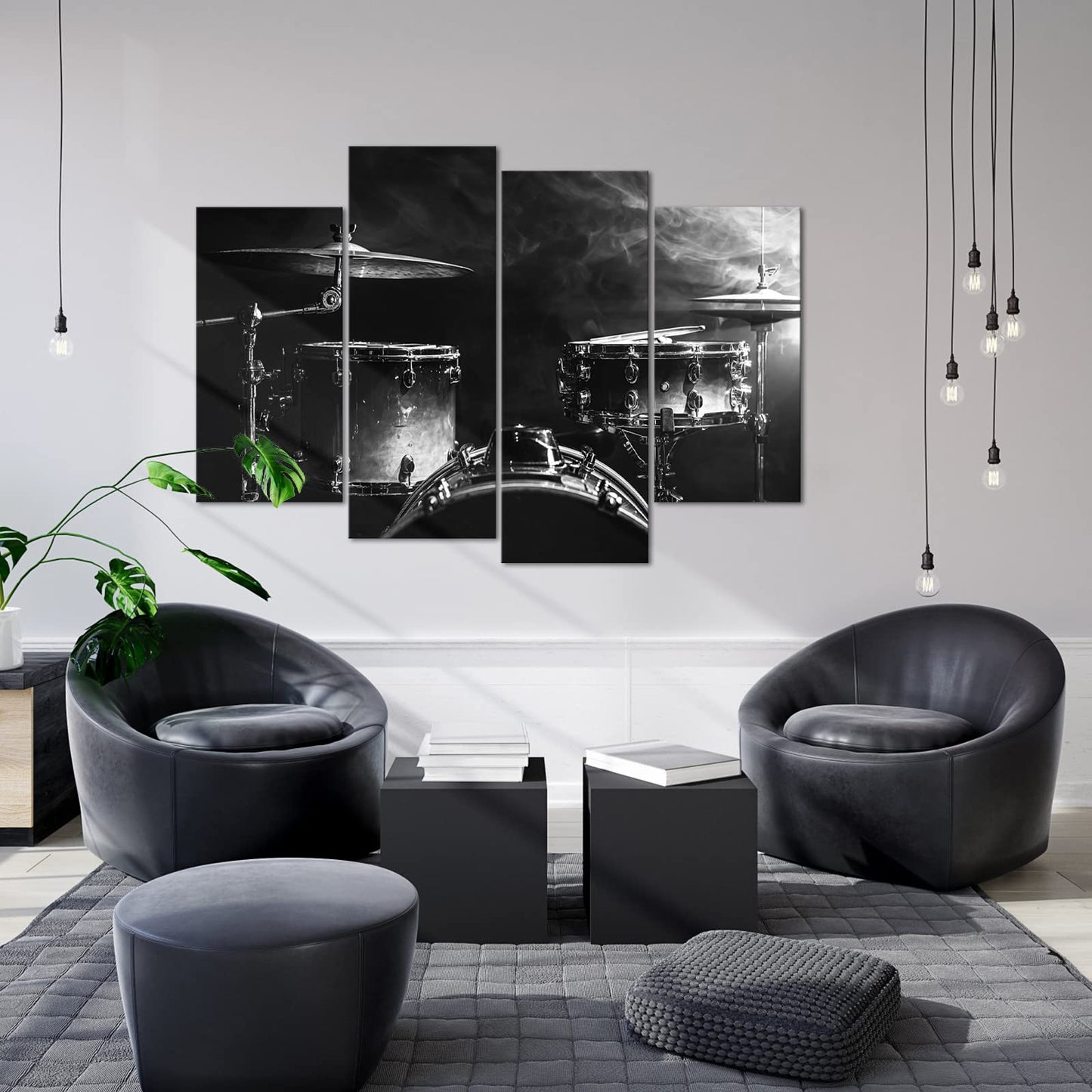 Biuteawal 4 Piece Music Canvas Wall Art Rock Band Shelf Drum Set Picture Prints Artwork Black and White Musical Instrument Modern Living Music Classroom Man cave Bedroom Decor Framed Ready to Hang