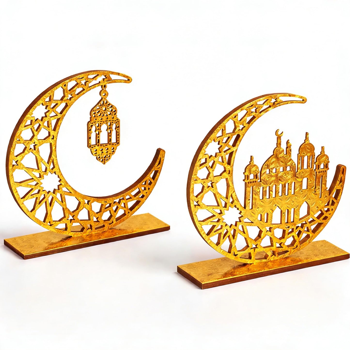 Ramadan Eid Decorations, 2 Pieces Wood Eid Decorations for Home, Gold Islamic Crescent Moon & Mosque Table Sign, Eid Mubarak Kareem Home Decor Art Craft for Muslim, Eid Centerpieces Decor