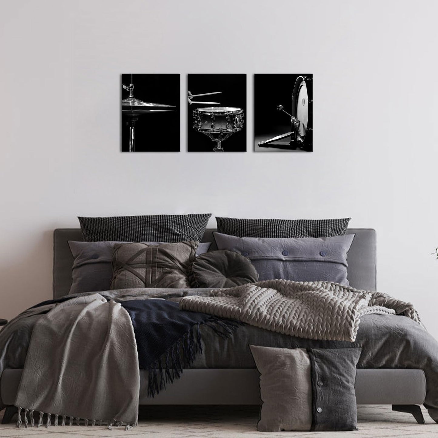 Canvbay Music Canvas Wall Art Black and White Jazz Drum Kit Print Poster Musical Instrument Pictures Modern Home Decor for Rock Studio Music Room 12x16inchx3Pcs
