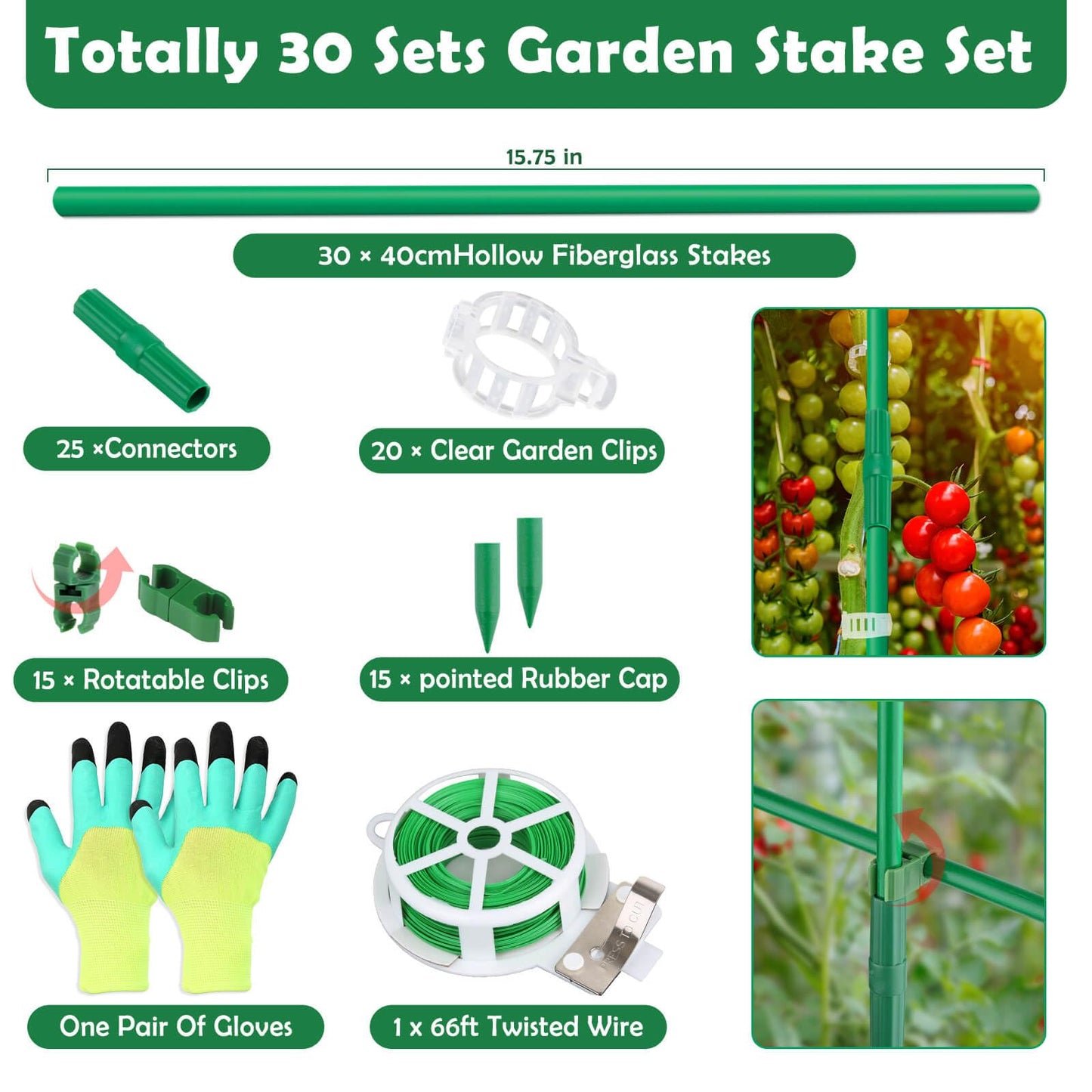 Cludoo 94PCS Garden Stakes Set with 30 Sets Fiberglass Plant Stakes Sticks Supports and Accessories, DIY 4ft 5ft 6ft 7ft Tomato Stakes for Tomato,Vegetables, Pepper, Indoor Outdoor Spring Plants