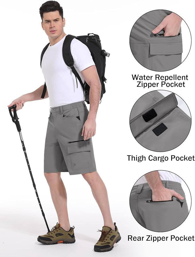 CRYSULLY Men's Hiking Cargo Shorts Outdoor Summer Lightweight Quick Dry Work Casual Shorts with 5 Zipper Pockets