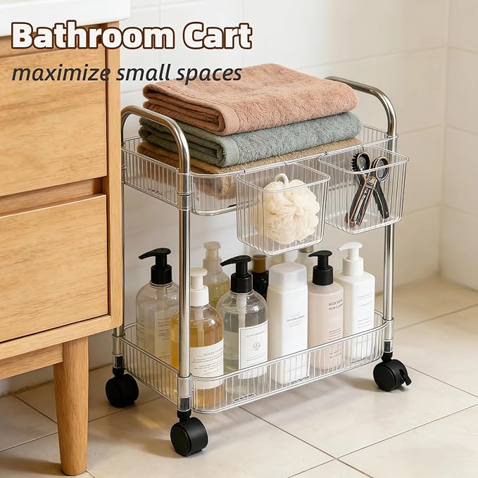 2 Tier Utility Rolling Cart with Wheels Sofa Side Table Small Under Desk Storage Organizer, Clear Acrylic Plastic Mobile Trolley Organization Storage Cart for Kitchen Pantry Bathroom Vanity