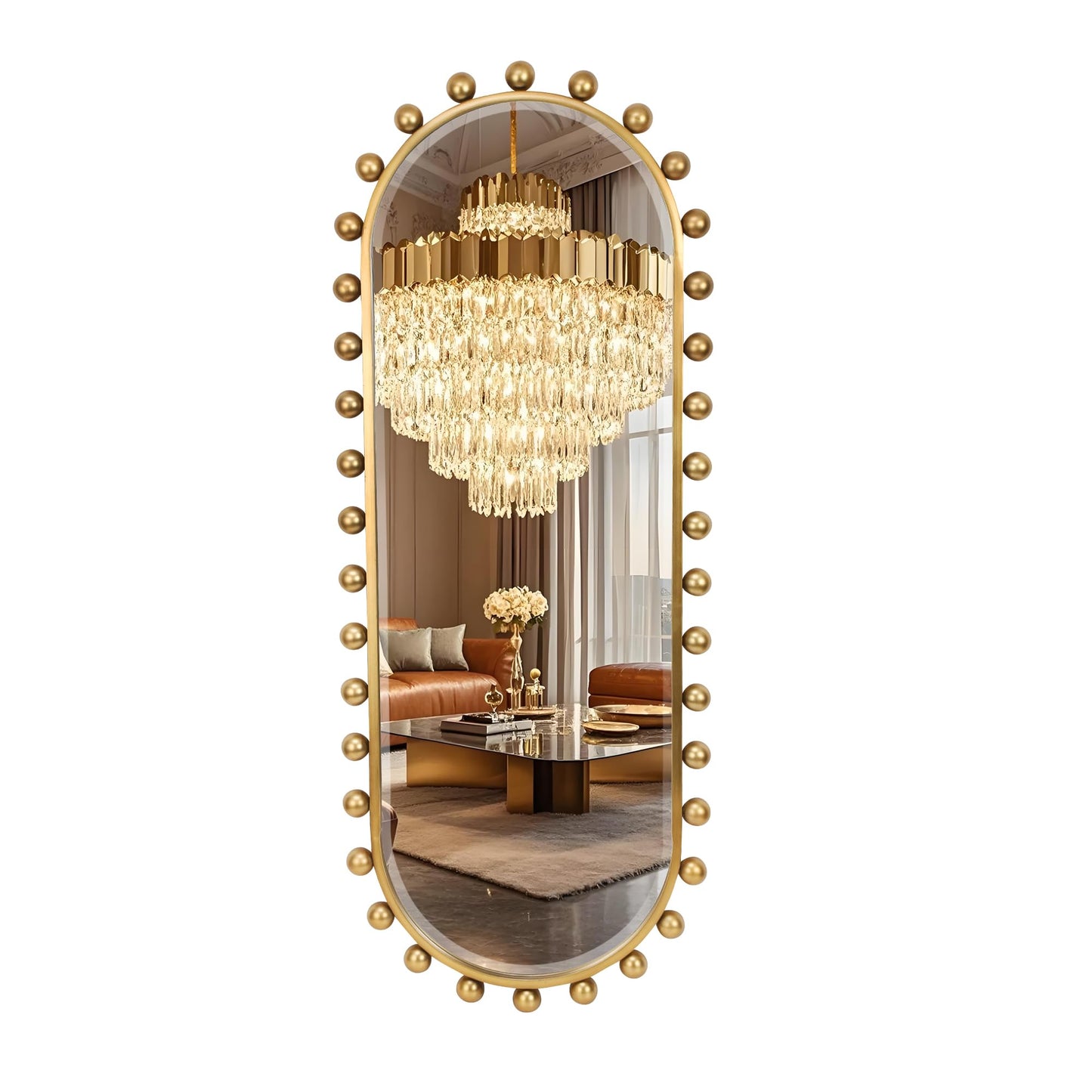 CAVINHOME Oval Full-Length Wall Mounted Mirror 20" x 51", Antique Gold Beaded Beveled Mirror with Ball Frame, Vertical & Horizontal Hanging Wall Mirror for Bathroom, Bedroom, Dressing Room, Entryway