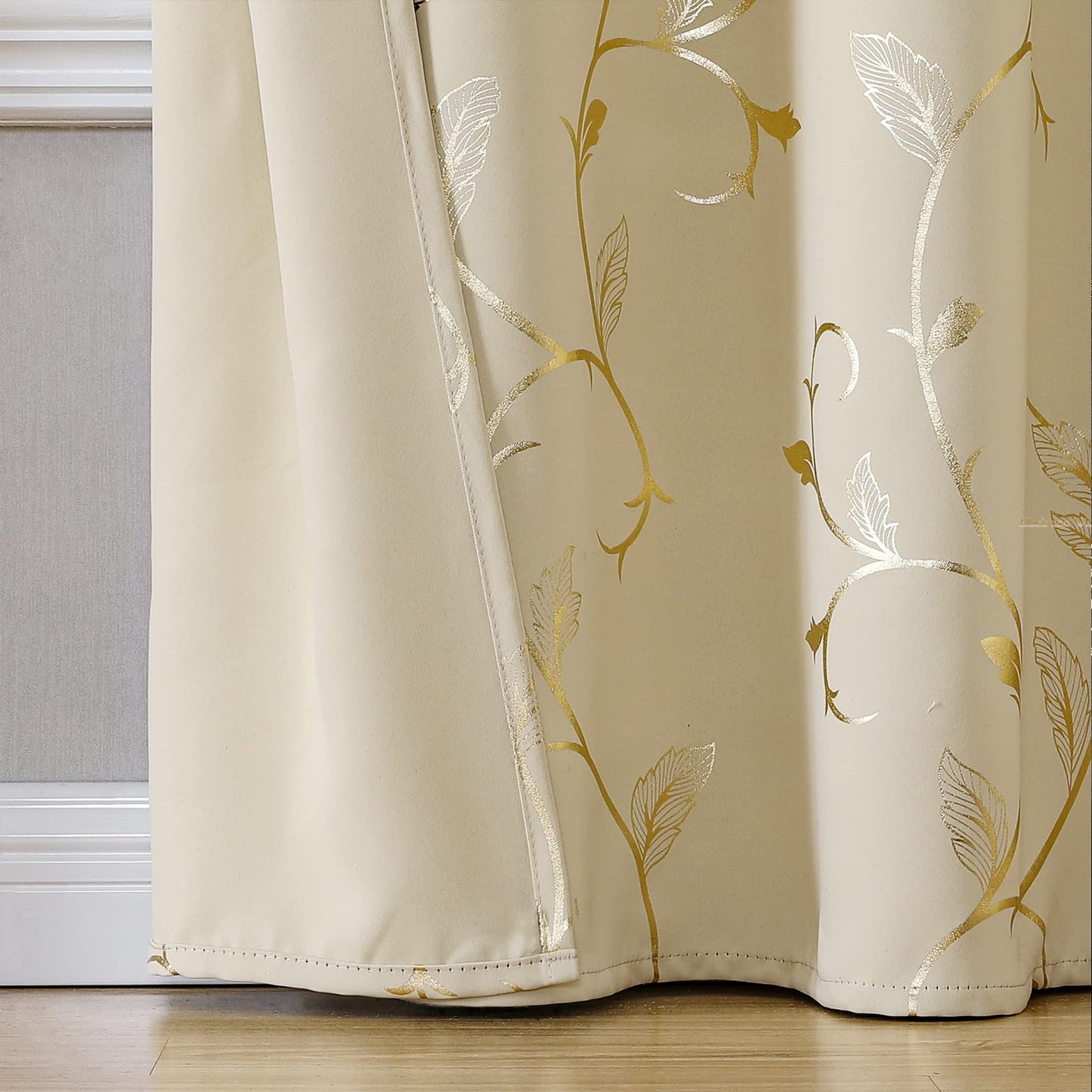 BUHUA Blackout Curtains Gold Foil Print Flower Vine Grommet Drapes, Room Darkening Thermal Insulated Curtains, Noise Reducing Blackout Curtain for Bedroom, Beige, 52Wx63L, 2 Panels