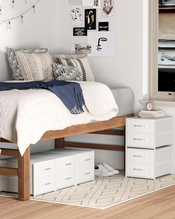 Homsorout Stackable Storage Drawers - 2 Tier Closet Organizer with Metal Handles and Metal Frame, Fabric Dresser with Collapsible Bins for Bedroom, Dorm, Office, White, 2 Pack