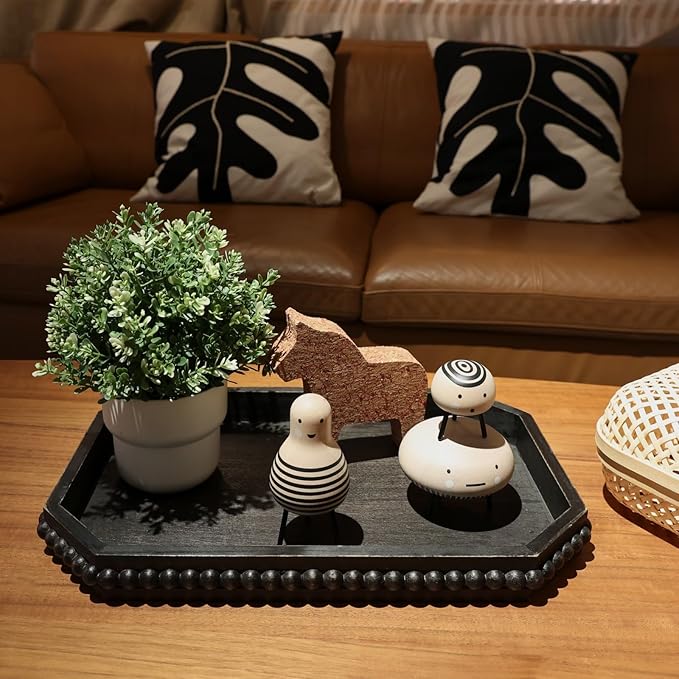 Hrastany Wood Rustic Serving Tray with Beads, Farmhouse Vintage Black Decorative Tray for Table Centerpiece, Christmas Wedding Halloween Home Decor