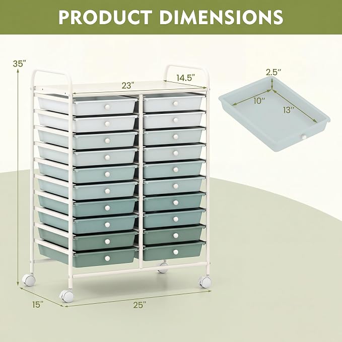 COSTWAY 20-Drawer Rolling Storage Cart, Utility Storage Organizer Cart for Tools, Scrapbook, Paper, Craft, Multipurpose Storage Trolley on Wheels for Home Office School