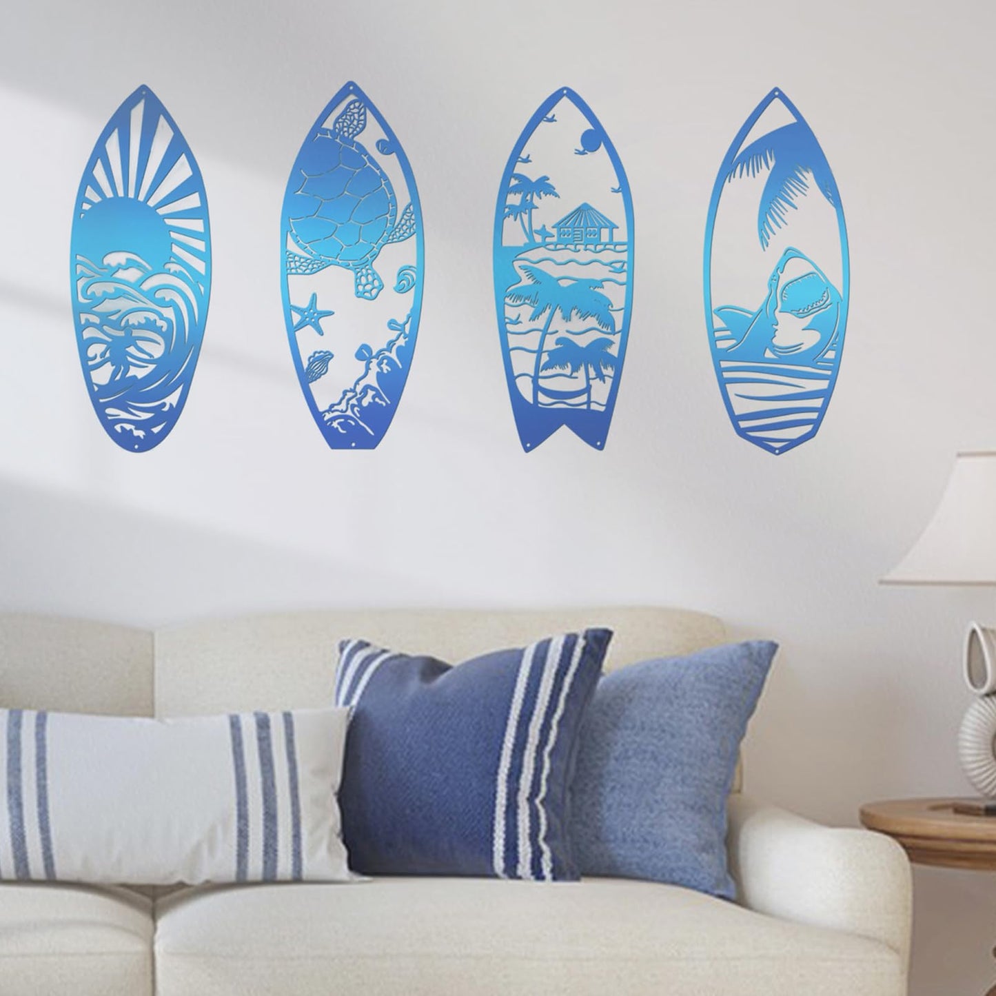 Beyoogeem 4Pcs Metal Surf Board Wall Decor Summer Surfboard Beach Signs Shark Palm Tree Wall Art Tropical Wall Decor Hanging Coastal Wall Decor Sea Turtle Wall Decoration for Wall Door (Blue)