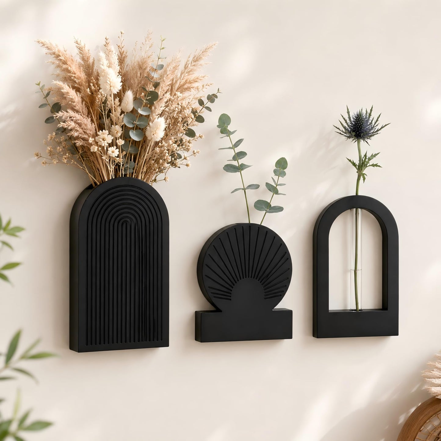 TBWIND Wooden Wall Vases Set of 3, Modern Farmhouse Arch Propagation Station with Glass Planter Tubes, Boho Fluted Hanging Decor for Entryway, Living Room & Narrow Spaces Black