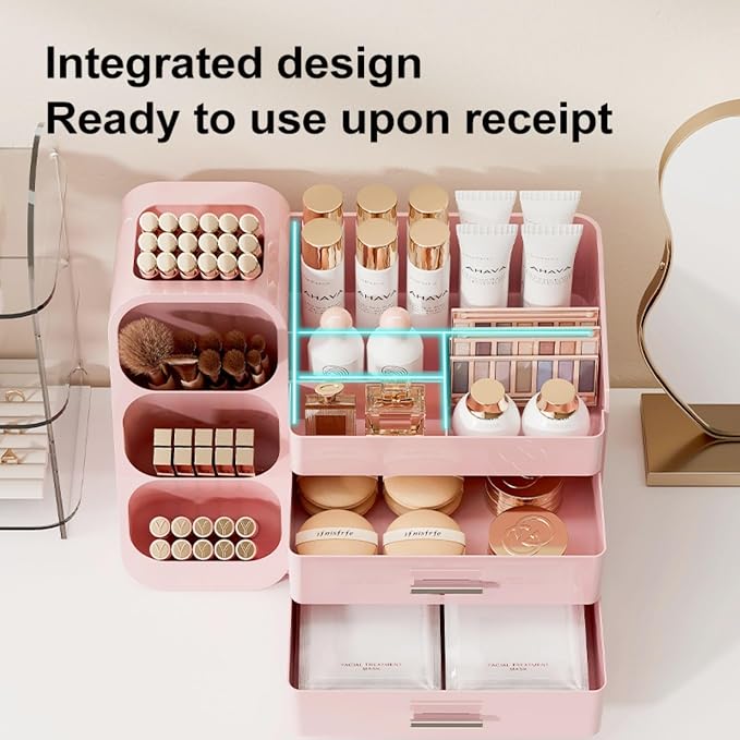 Makeup Organizer with Drawers,Large Capacity Countertop Organizer for Vanity,Bathroom and Bedroom Desk Cosmetics Organizers,Easy To Storage Skincare,Brushes,Lotions (All Pink)