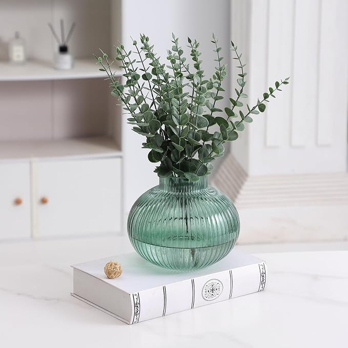 Green Glass Vase for Tulips, Ribbed Glass Vase for Flowers, Round Flower Vases, Small Short Vases for Living Room, Office, Coffee Table, Shelf, Wedding, 6 Inches