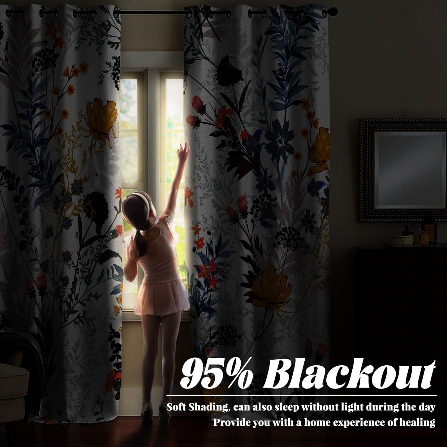 Renaiss Botanical Plants Blackout Curtains, Wild Flowers Plants Print Thermal Insulated Bedroom Window Curtains, Boho Floral Window Drapes for Living Room, 84" L x 42" W 2 Panel Set