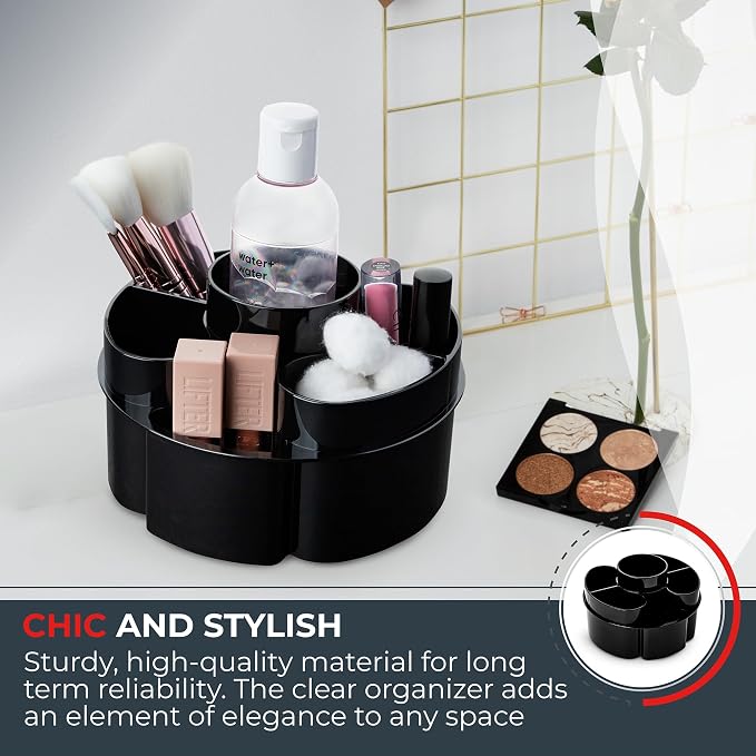 Masirs Small 360 Rotating Makeup Organizer - Mini Yet Spacious Cosmetic Storage Solution with Multiple Compartments - The Perfect Spinning Make-Up Caddy for Vanity or Bathroom Counter (Round - Black)