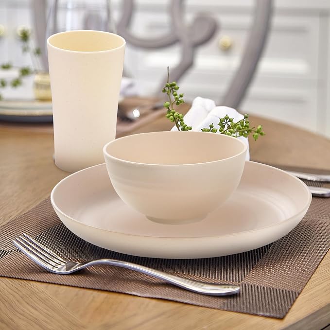 18pcs Wheat Straw Dinnerware Sets Service for 6 SANLUNS Unbreakable Reusable Dinnerware Set Kitchen Cups Round Plates and Bowls Sets Microwave Dinnerware Set for Kitchen Travel Camping