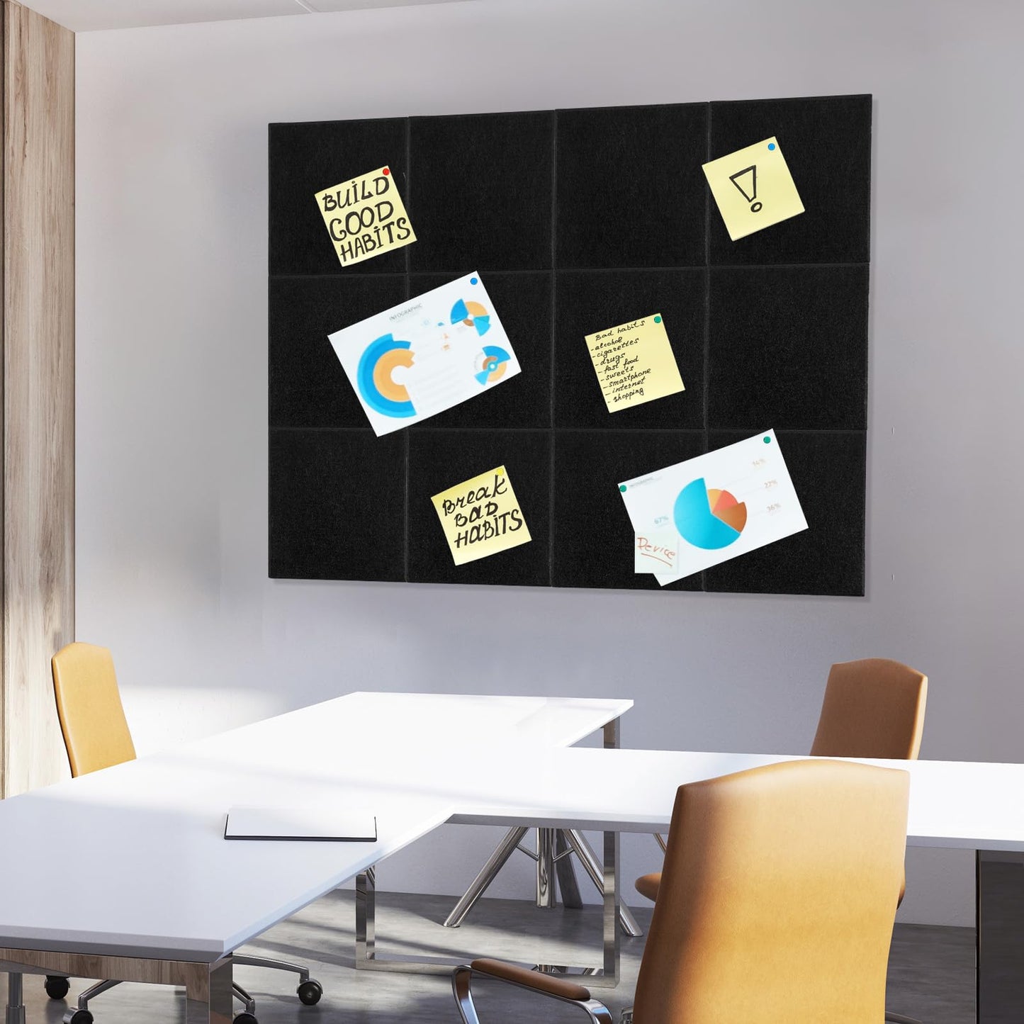 12 Pack 47x35 Inch Large Cork Board Alternative, Black Felt Bulletin Boards Wall Tiles with Push Pins and Removable Adhesive Tabs, for Office Home Pin Board