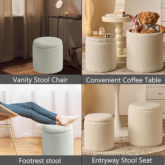 BLEXA Round Ottoman with Storage Set of 2-Upholstered Sherpa Vanity Stool for Makeup Multifunctional Ottomans Coffee Table Padded Seat Foot Rest for LivingRoom&Bedroom(Sherpa White)