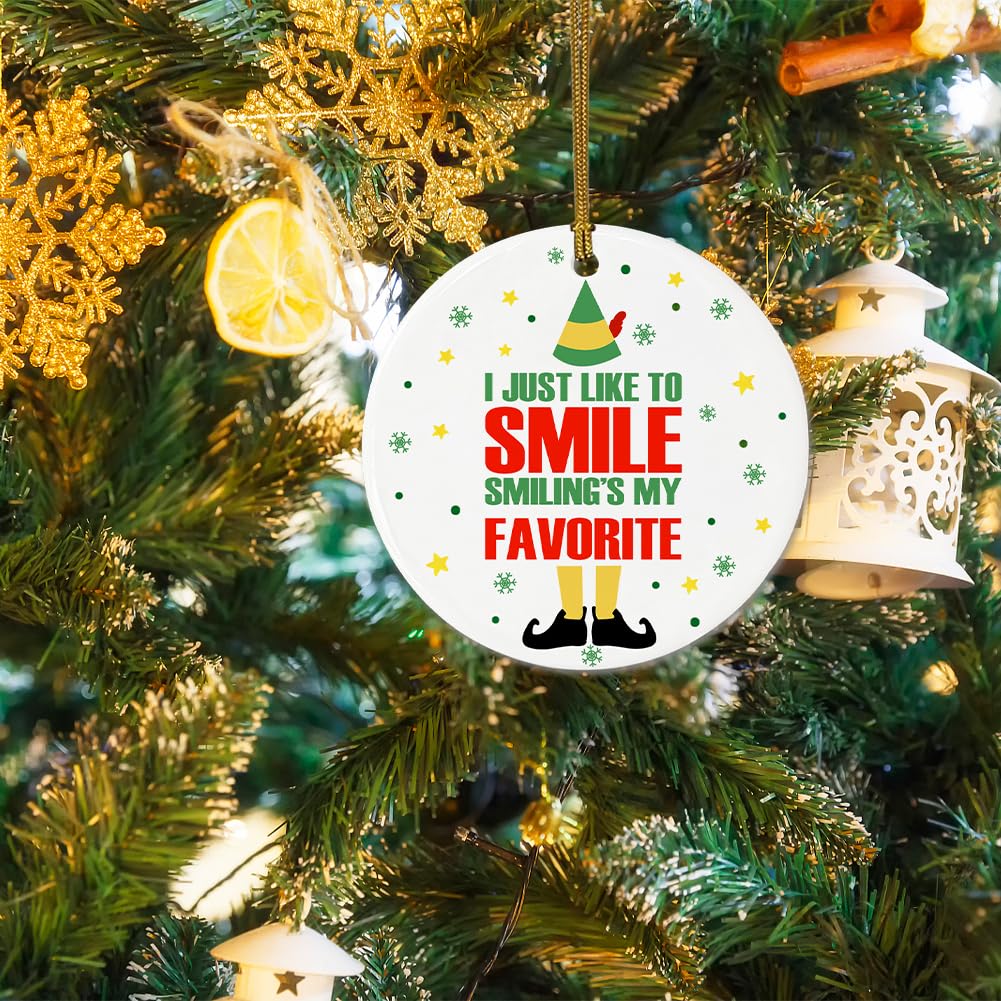 Buddy Elf Christmas Ornament Funny Ceramic Ornament I Just Like to Smile, Smiling is My Favorite Festive Buddy The Elf Sayings Tree Hanging Decors, Christmas Keepsake