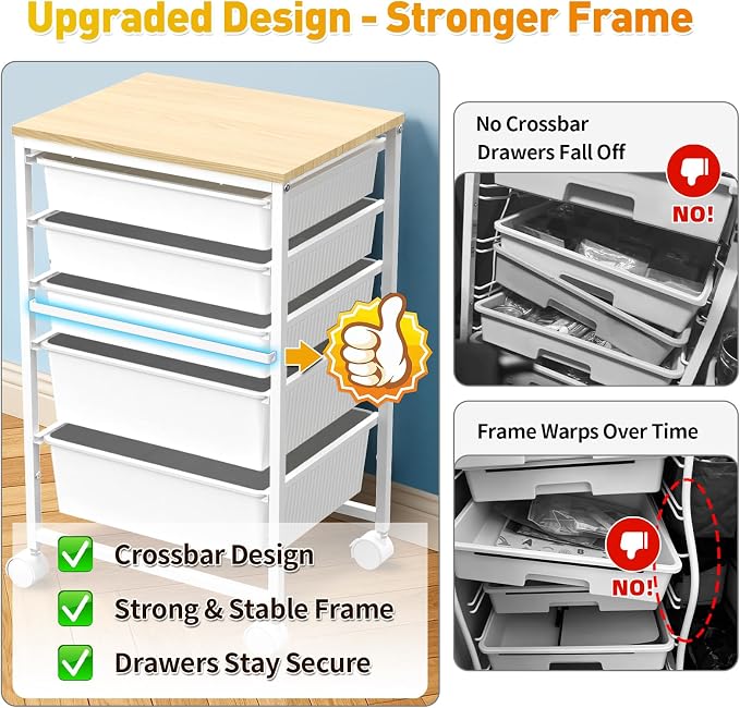 SUNALLY Rolling Carts With 5 Drawers, Storage Drawer Carts with Wooden Tabletop and 2 Lockable Wheels, Rolling Utility Cart for Craft Art Supply Storage & Home Office Organization, White