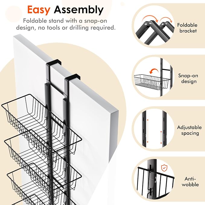 LUXEAR Over the Door Pantry Organizer, 8-Tier Adjustable Over the Door Hanging Spice Rack, No-Assembly Foldable Metal Over the Door Organizer for Kitchen, Home, Laundry Room, Bathroom