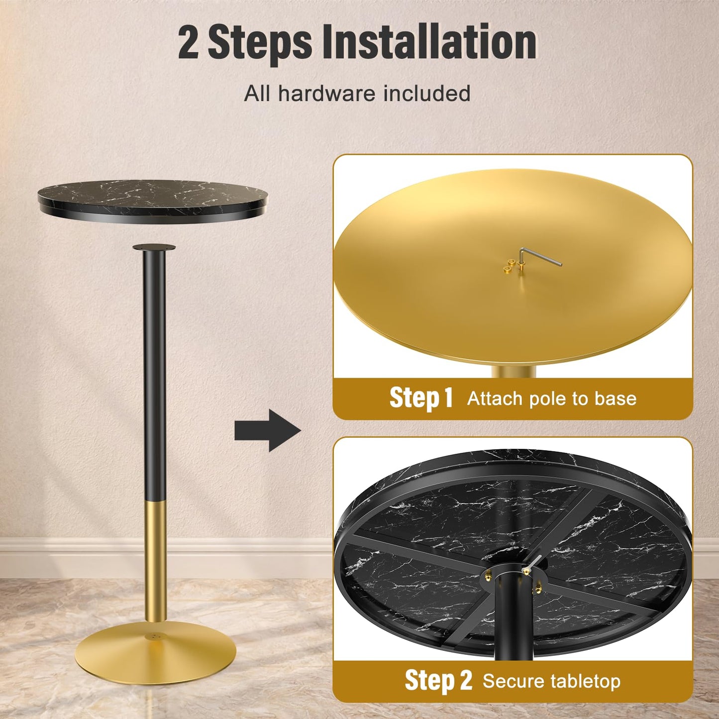 Modern Round Marble Bar Table, 22" Black Marble Top Pub Table with Gold Metal Base, Tall Bistro Table for Home Bar, Kitchen, Dining, Small Spaces, 41'' Bar Height