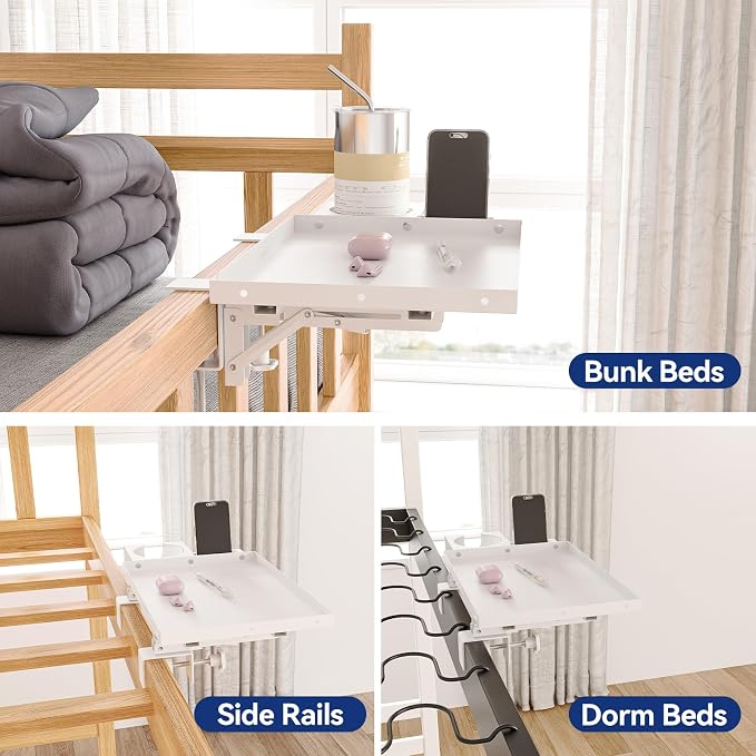 Metal Bedside Shelf Table Tray with Cup Holder, Foldable Bed Side Table for Bunk Bed & Top Bunk, College Dorm Room Essentials for Guys & Girls, Clip-on Laptop Nightstand for IKEA Beds, White