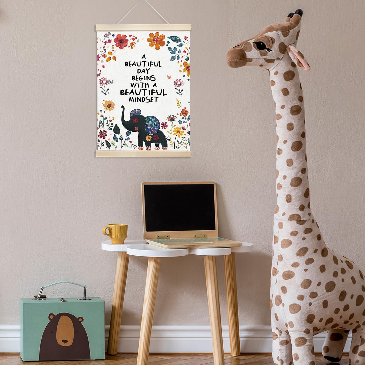 Xmsaitar Inspirational Elephant Floral Poster Hanger Frame Wall Decor, Nursery Mental Health Prints for Wall Decor Art, Rustic Flower Pictures Hanging for Girly Room Dorm Playroom 12x16in