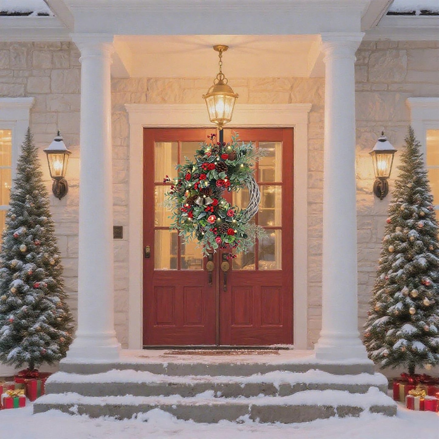 Christmas Wreath for Front Door, Artificial Door Wreaths with LED Lights Bells Berries & Pinecones Christmas Decorations, Xmas Wreaths for Wall Window Fireplace Holiday Home Decor