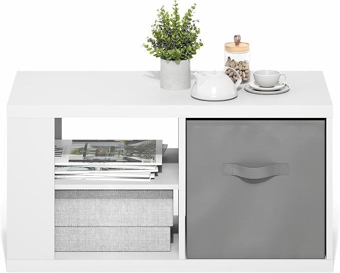 Furinno Viola Coffee Table, 3-Tier Modern Center Table with 1.2 Thick Tabletop, Side Table with Open Shelf and Storage Bin, for Living Room, Bedroom, Home Office, White/Light Grey
