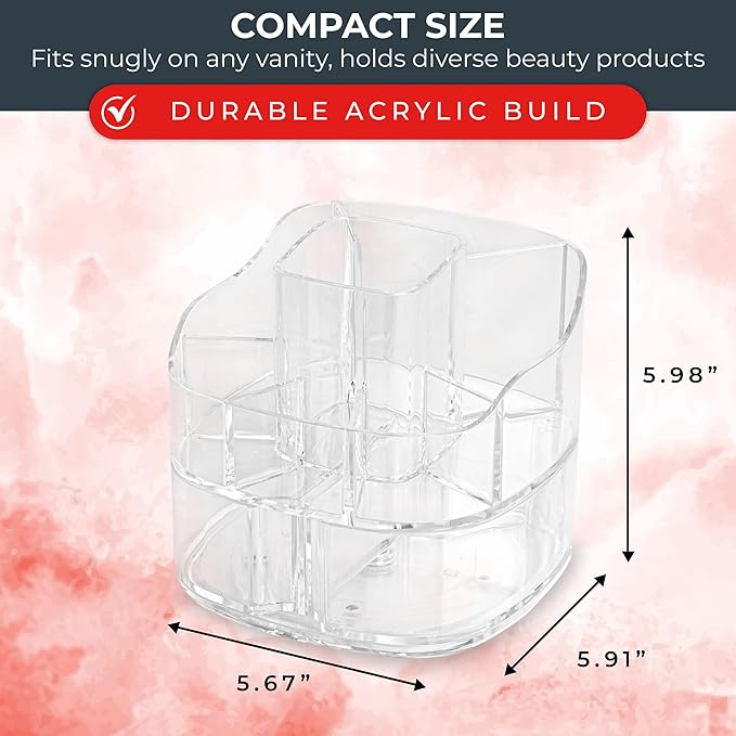 Masirs 360-Degree Rotating Makeup Organizer – Small Acrylic Cosmetic Storage Caddy with 5 Compartments, Mini Lazy Susan Vanity Organizer for Bathroom Counter, Skincare, Perfume, Brushes, Clear